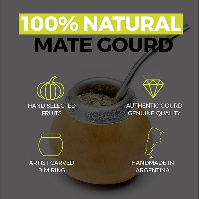 BALIBETOV Yerba Mate Gourd Set (Original Natural Handmade Yerba Mate Cup Argentina) - Includes Mate Tea Cup, Bombilla (Mate Straw) and Clean Brush - Classic Mate Cup and Bombilla Set (Suela)