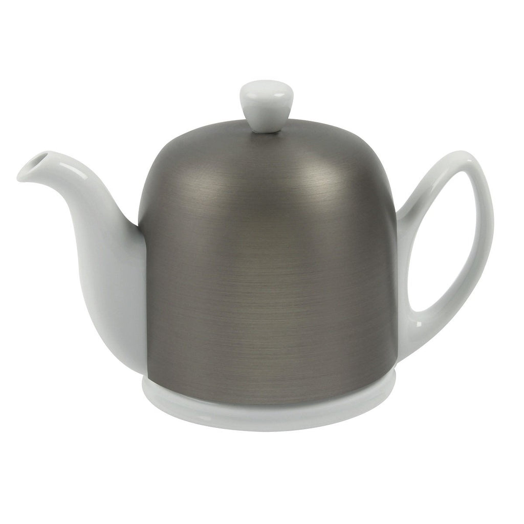 Degrenne Salam Luxury French Tea Pot - Porcelain Teapot with Brushed Aluminum Cover, Ceramic Tea Kettle for Loose Tea, Removable Infuser, 6 Cup Capacity, 36oz - Aluminum