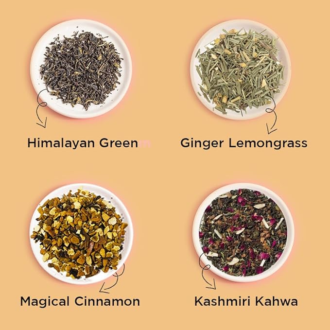 CHAYAM Tea Tranquility Gift Box – 4 Premium Loose Leaf Teas + Stainless Steel Infuser – Wellness Tea Gift – Green, Masala, Kahwa, Ginger Lemongrass – 125+ Cups / 8.82 oz