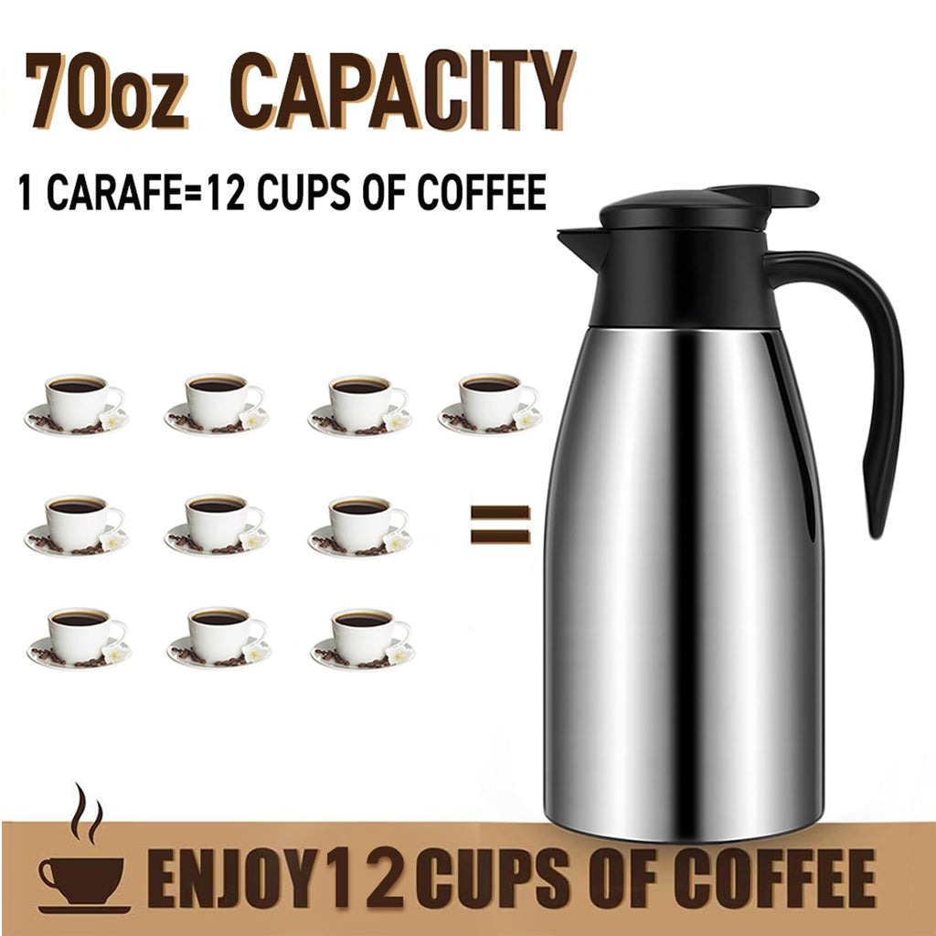 GearRoot 70oz Thermal Coffee Carafe, 2 Pack Airpot Insulated Coffee Urns Stainless Steel Vacuum Thermal Pot Dispenser for Coffee, Hot Water, Tea - Keep 12 Hours Hot, 24 Hours Cold (Silver)