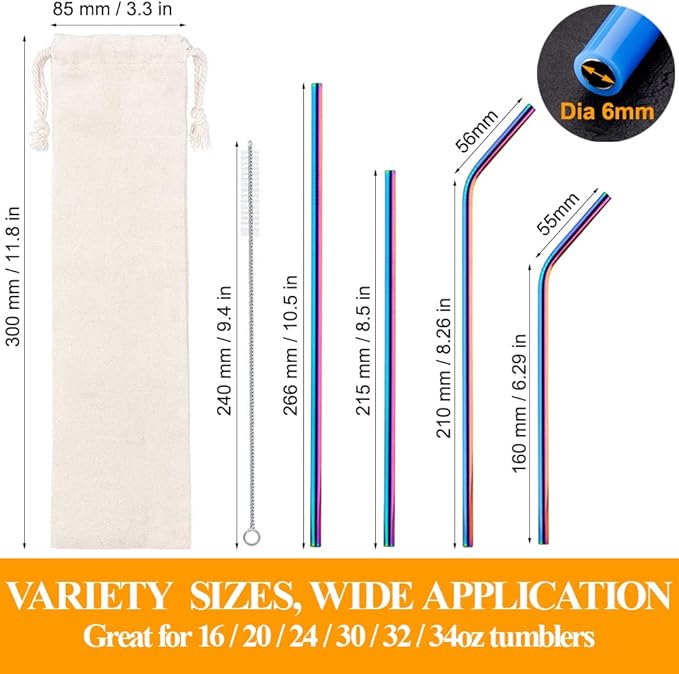 Lazycorner 16 Pcs Metal Straw Reusable 8.5" 10.5" 6mm Stainless Steel Straws for Tumblers 20oz-32oz, Rainbow Drinking Straws with Silicone Tips, 4 Straw Cleaner Brush, 1 Travel Case