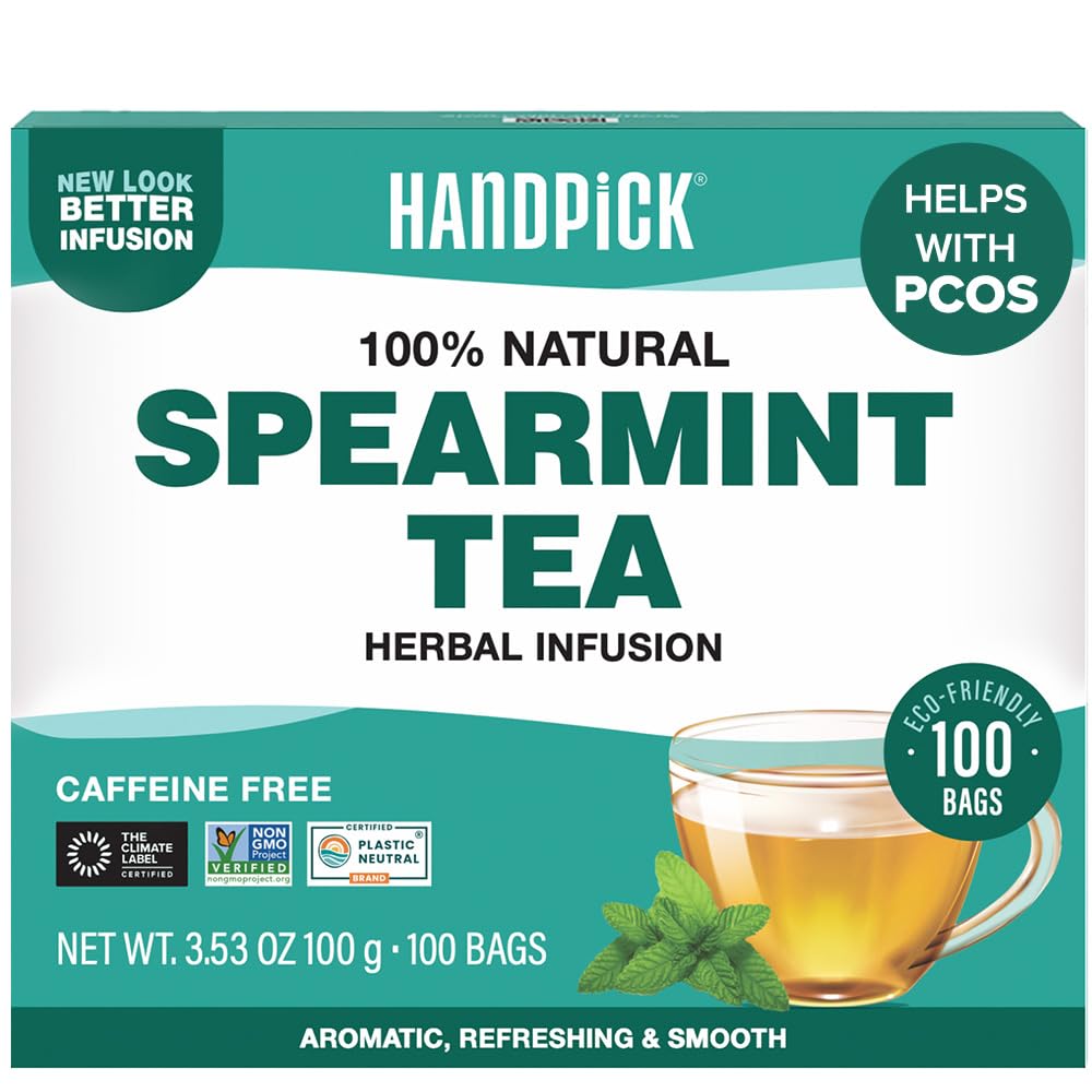 HANDPICK, Spearmint Tea Bags (100 Herbal Tea Bags) |Refreshing Mint Tea | Non-GMO | Round Eco-Conscious Teabags