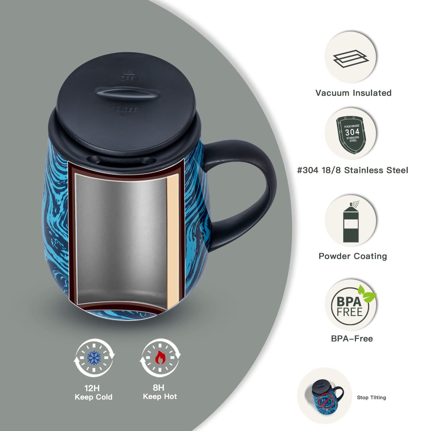 Ideus 16 oz Insulated Coffee Mug with Handle and Lid, Double Wall Stainless Steel Vacuum Thermal Coffee Mug, Travel Coffee Cup Thermal Cup for Home and Office, Blue Zebra