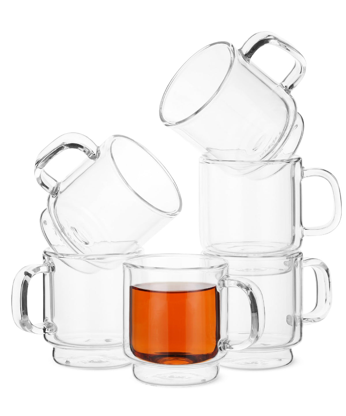 BTaT- Double Walled Stackable Glass Coffee Mugs, 8 oz, Set of 4, Glass Coffee Cups with Handle, Insulated Clear Coffee Mug for Hot and Cold Beverages, Cappuccino, Latte, Tea, Americano