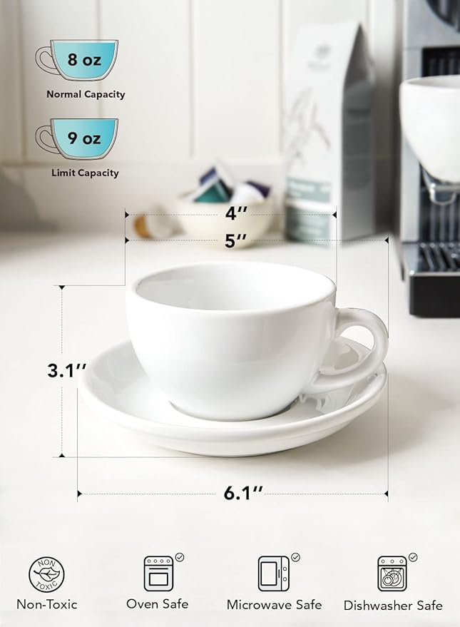 LE TAUCI 8 oz Cappuccino Cups with Saucers,Ceramic Large Coffee Cup for Au Lait, Double shot, Latte, Cafe Mocha, Tea - Set of 4, White