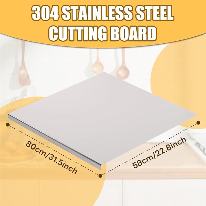Stainless Steel Chopping Board Extra Large Cutting Board with Lip Stove Top Pastry Board Kneading Board Baking Board with Rolling Pin for Meat Vegetables Fruits Cheese Bread,31.5x 22.8 Inch