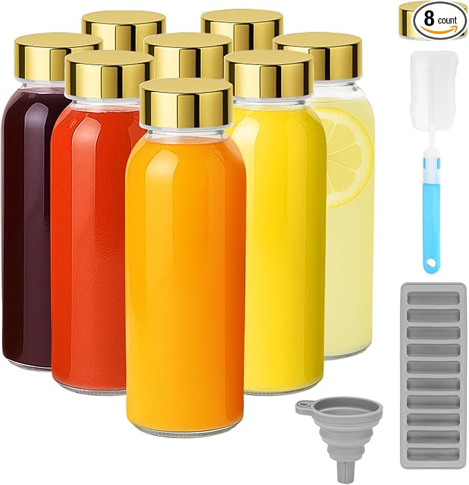 Zukro Glass Water Bottles with Lids 10 oz, Reusable Clear Juice Bottles With Stainless Steel Airtight Cap for Juicing, 100% Leak Proof Juice Drinking Jar for Ginger and Milk, BPA Free