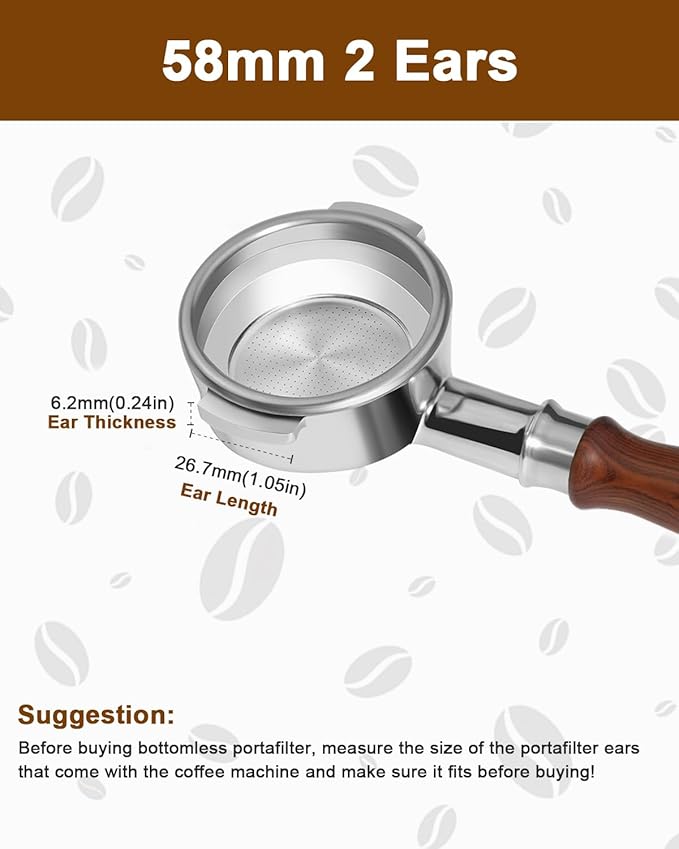 58mm Bottomless Portafilter 2 Ears For E61, Flair 58, ECM, Rocket, Sanremo, Synesso, Slayer, VBM Espresso Machine, Bottomless Naked Portafilter with 18g Filter Basket and Puck Screen - Rosewood
