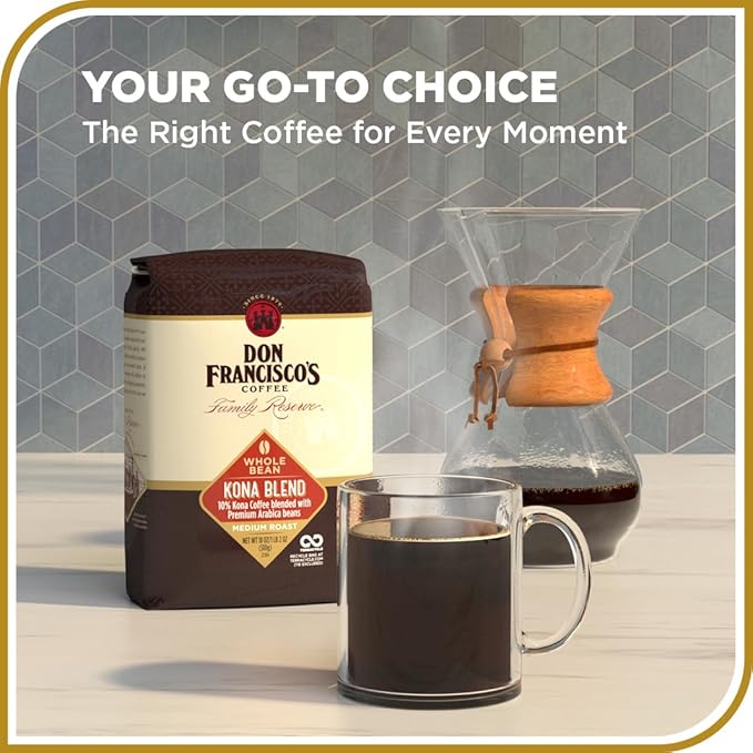 Don Francisco's Kona Blend Whole Bean Coffee, Medium Roast – 100% Arabica, 18 oz Bag, Premium Coffee for Drip, Pour Over and French Press