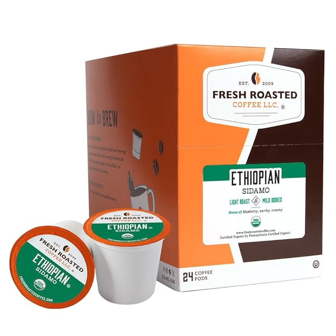 Fresh Roasted Coffee, Organic Ethiopian Sidamo | Fair Trade, USDA Organic, 100% Single Origin, Kosher | Light Roast 24 Pods for K Cup Brewers