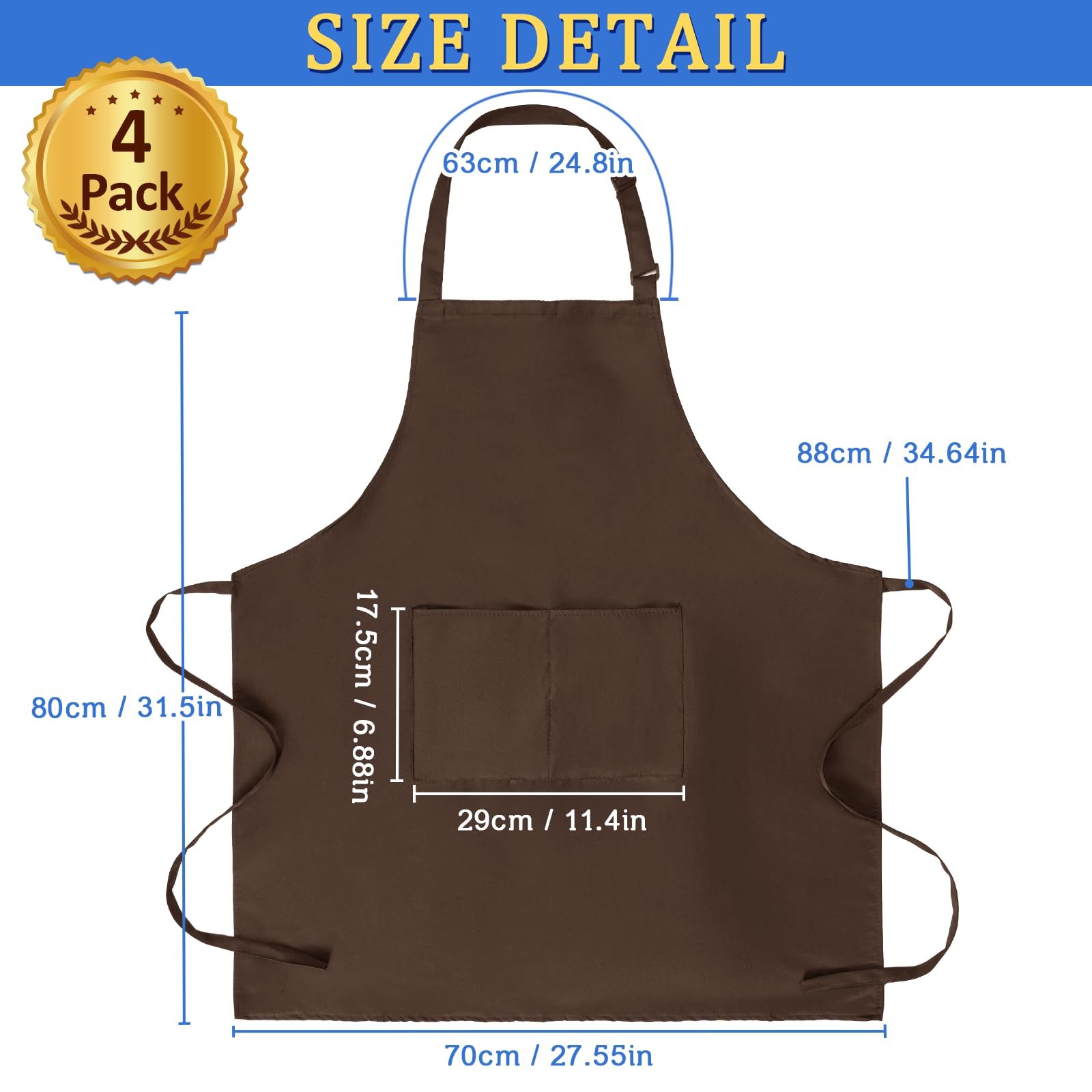 FunChaos 4 Pack Chef Apron, Adjustable Apron with 2 Pockets, Unisex Personalised Apron for Cooking, Kitchen, Restaurant (Brown)