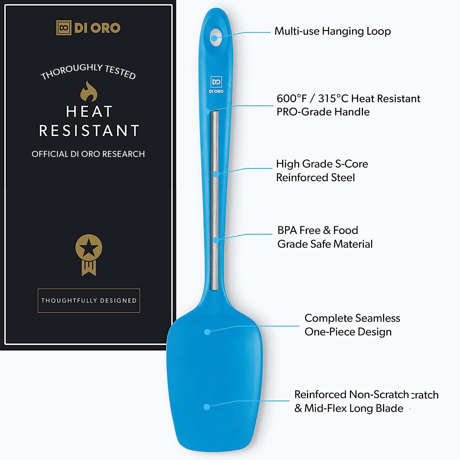 DI ORO Silicone Spoon Spatula - Forever Warranty - 600°F Heat-Resistant Large Silicone Spoonula Scraper - BPA Free Nonstick Cookware Safe Rubber Kitchen Utensil for Baking, Cooking, & Mixing (Blue)