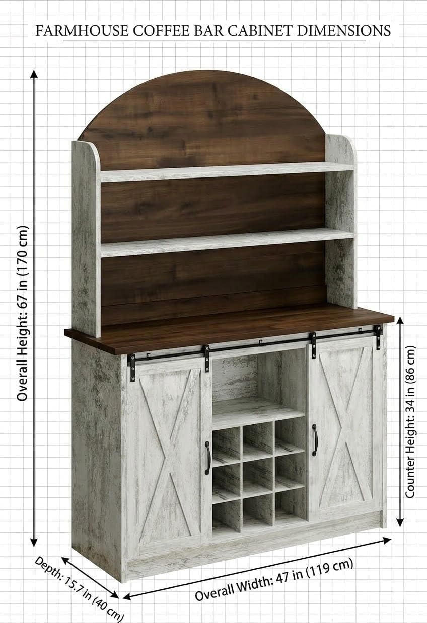 4 EVER WINNER 67-Inch Farmhouse Coffee Bar Cabinet with Storage, Grey