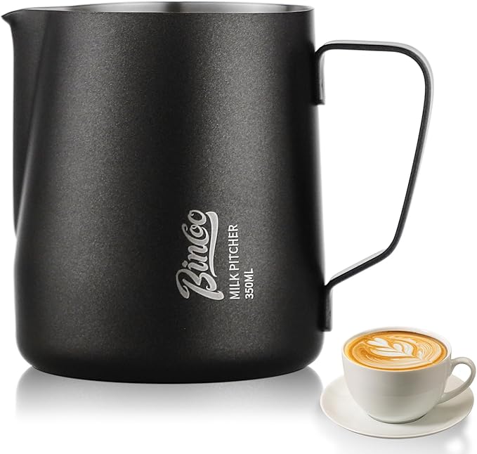 Milk Frothing Pitcher - 350ml/12oz Milk Frother Cup Espresso Steaming Pitcher for Barista, Bincoo SUS304 Stainless Steel Espresso Steaming Pitchers for Latte Art/Cappuccino/Coffee (Black-350ml)