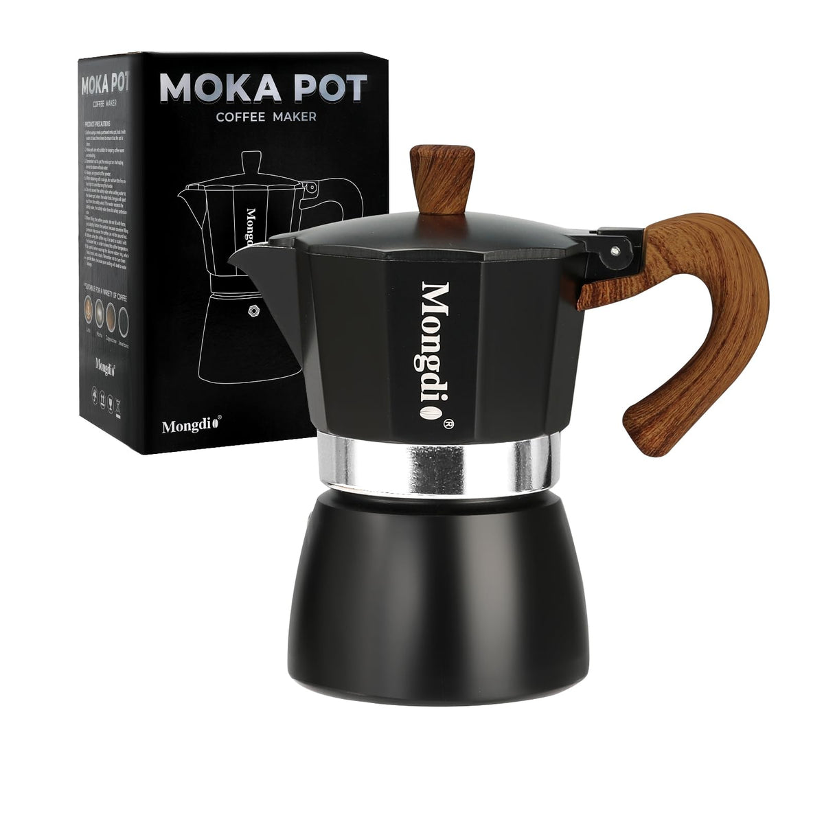 Mongdio Stovetop Espresso Maker Moka Pot, Cuban Coffee Maker Stove top coffee maker Moka Italian Espresso Greca Coffee Maker Brewer Percolator, 3 Espresso Cups, 5 oz - Black