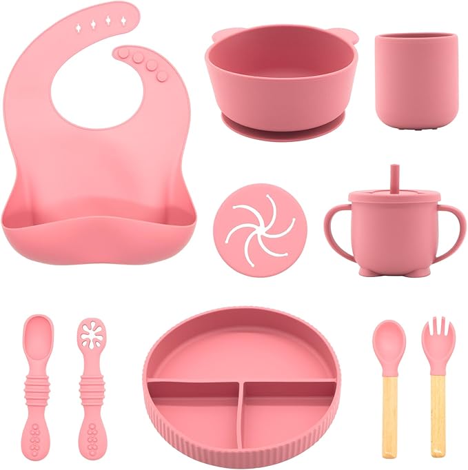 CHCC Silicone Baby Feeding Set 10 Pcs, Baby Led Weaning Supplies, Baby Feeding Supplies Set BPA Free, Baby Essentials for Newborn Gift Blue