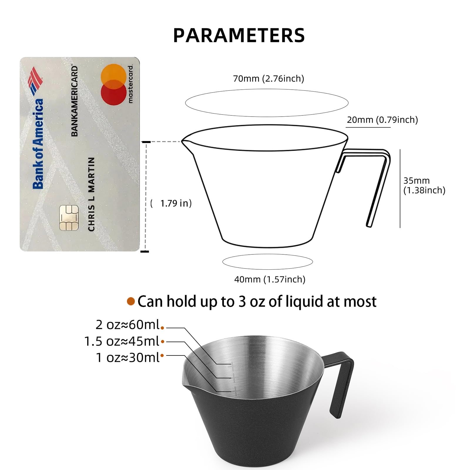 MHW-3BOMBER Espresso Measuring Cup 2oz Espresso Shot Cup Stainless Steel Sauce Cups with Handle for Tomato Sauce|Steak Sauce|Desserts|Beverages (Matte Black) G5141B