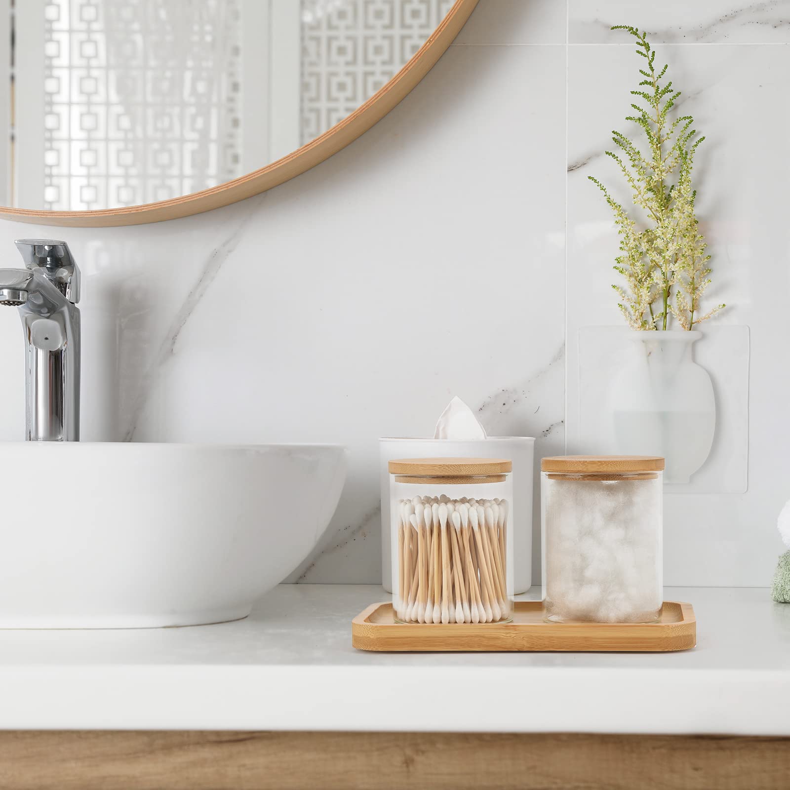 BKYFPQ Glass Qtip Holder Dispenser with Bamboo Vanity Tray