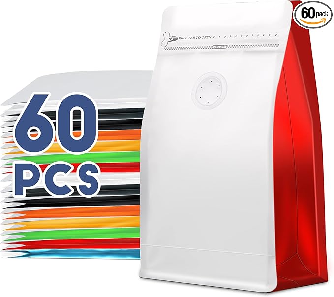Coffee Bags with Valve(60pcs,8 oz,1/2 lb) Vented Coffee Beans Packaging Bags High Barrier Aluminumed Foil Flat Bottom Heat Sealed Side Zipper Resealable Storage Bag for Home or Business (White+Red）