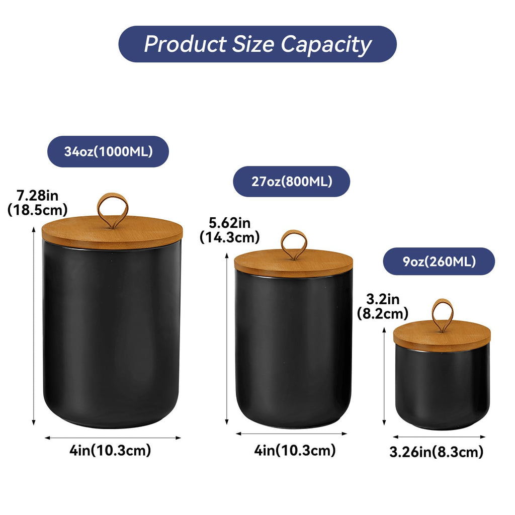 Jueison Ceramic Storage Jars, Modern Airtight Canisters with Wooden Lid (Black tuba)