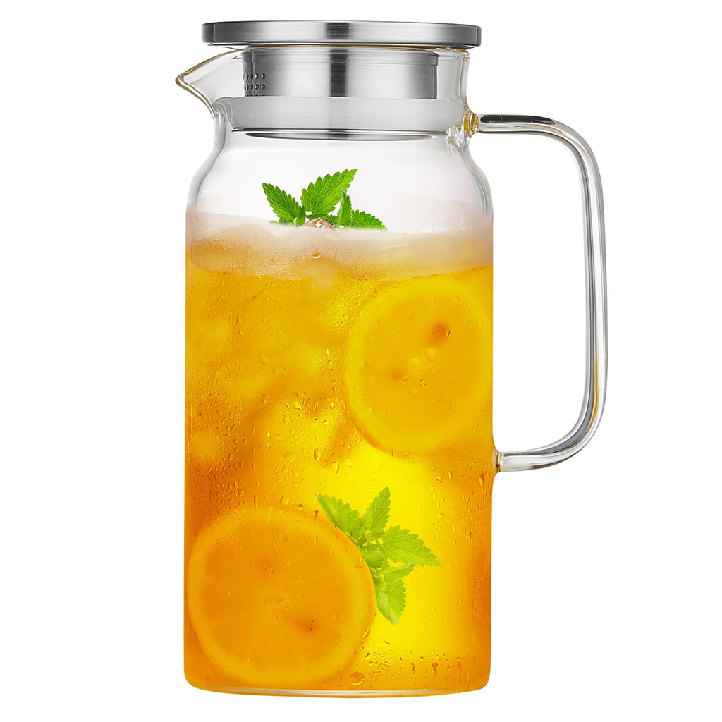 42OZ Glass Pitcher with Lid and Spout, Water Jug, 1250ml Carafe for Hot/Cold Water, Juice and Homemade Beverage, Large Iced Tea Pitcher for Coffee