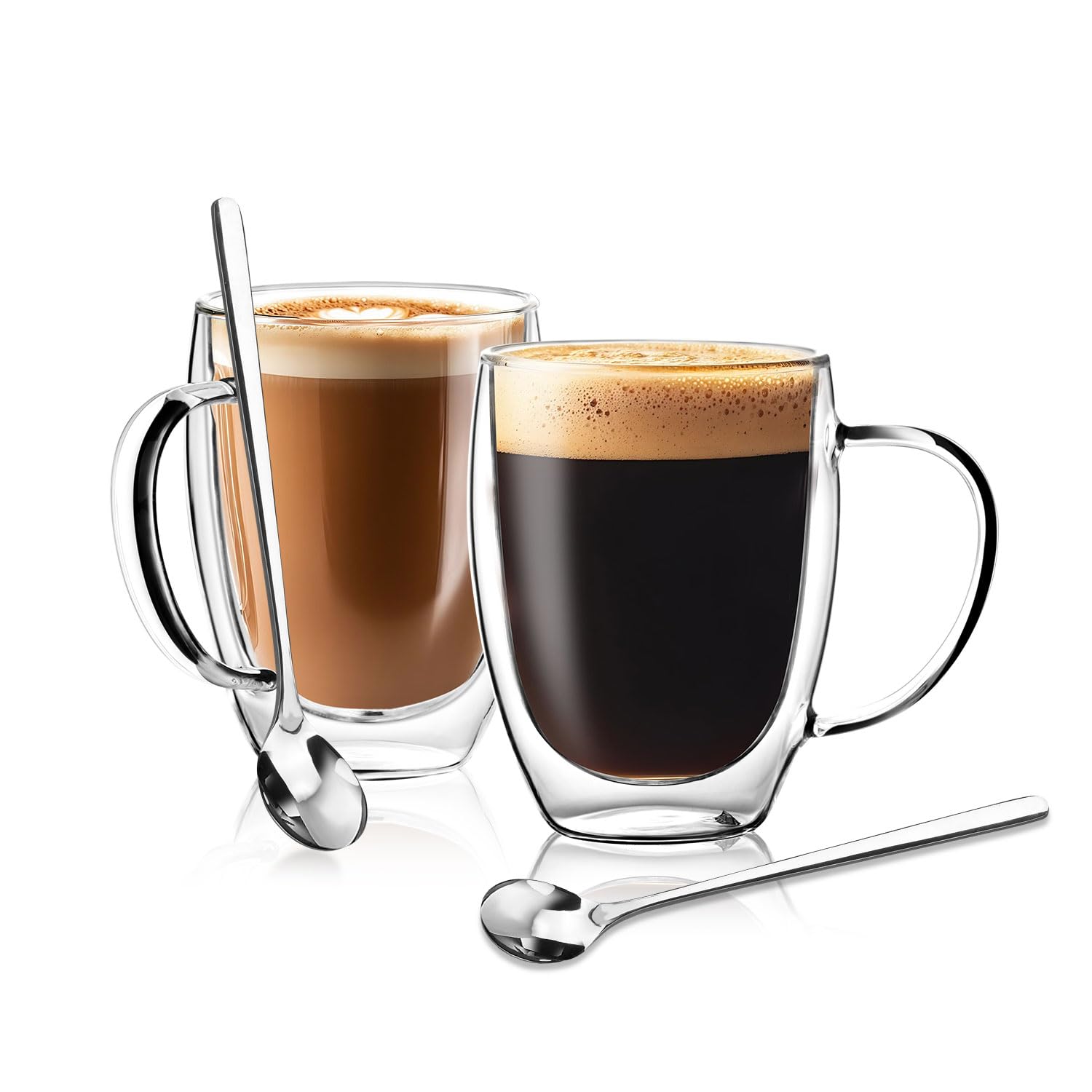 GOROGILE Double Wall Glass Coffee Mugs 12 OZ, Clear Coffee Cup With Handle,Insulated Coffee Mugs Set of 2 With Spoons Perfect for Espresso, Cappuccino, Latte, American,Tea Bag, Beverage