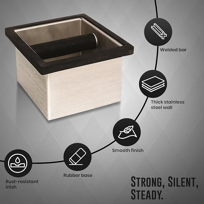 Rattleware Stainless Steel Knock Box 6"x5.5"x4" | Heavy-Duty Espresso Grounds Container with Welded Bar | Durable Rust-Resistant Coffee Knockout Box with Non-Slip Rubber Base for Professional Baristas