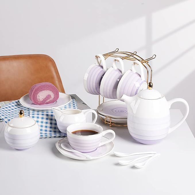 Sweejar Porcelain Tea Sets, 8 OZ Cups & Saucer Service for 4, Teapot Sugar Bowl Cream Pitcher Teaspoons and Tea Strainer for Adult Tea Coffee Afternoon Party (Purple)