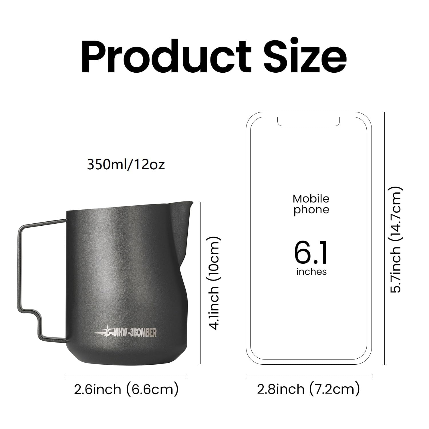MHW-3BOMBER Milk Frothing Pitcher 12oz/350ml Milk Frother Cup Espresso Steaming Pitcher Stainless Steel Milk Frother Cup Barista Latte Art Round Spout Latte Art Pitcher P7121S