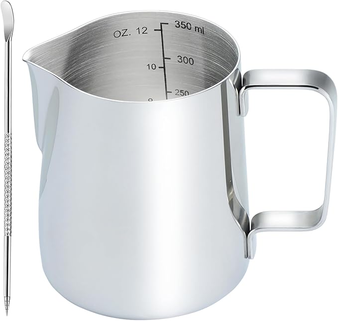CAMKYDE Stainless Steel Milk Frothing Pitcher 12 oz, Espresso Steaming Pitcher with Decorating Pen for Espresso Machines, Cappuccino, Latte Art A Silver