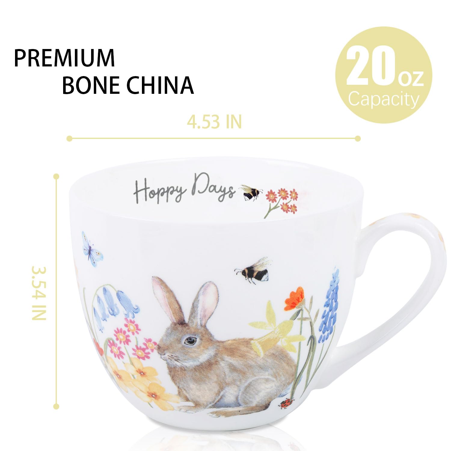 MFoffice 20 oz Bunny Coffee Mug with Spring Flowers & Happy Days Slogan, Premium Bone China Rabbit Coffee Cup, Cute Garden Gift for Women, Family&Friends, Designed in England by Harvest Green Studio