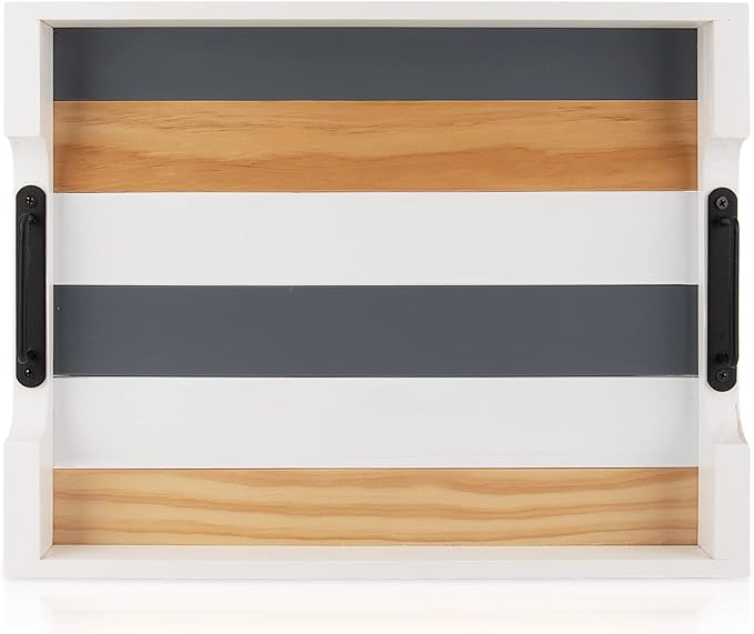 Wood Serving Tray with Metal Handle for Ottoman, Modern Rectangle Coffee Table Tray for Food Eating, White Decorative Tray, Size 17''x13'', Multicolor