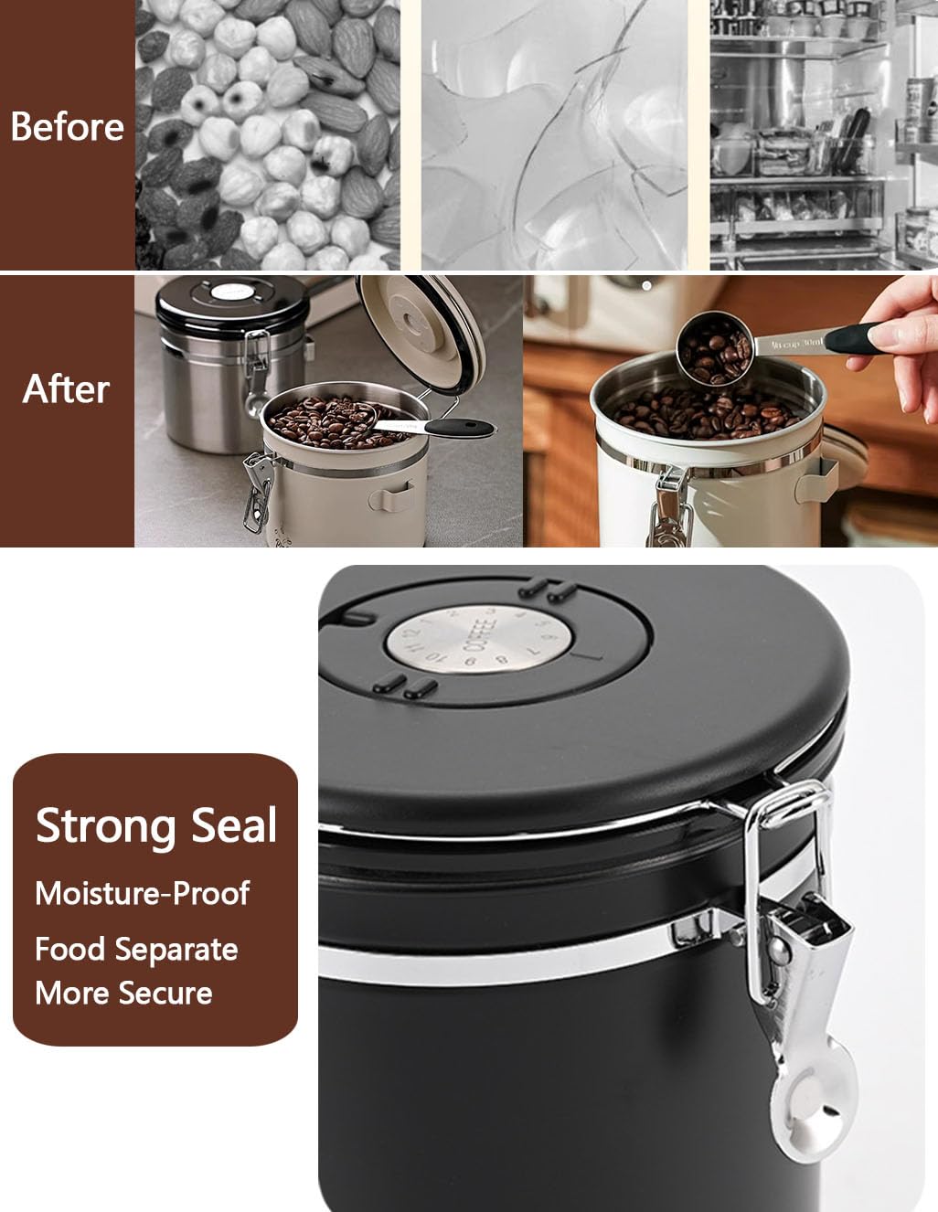 Walktosun Coffee Canister Airtight Storage Container Stainless Steel Coffee Jar with Scoop,Date Tracker CO2 Release Valve for Dry Food Beans Ground Tea Flour Cereal and Sugar