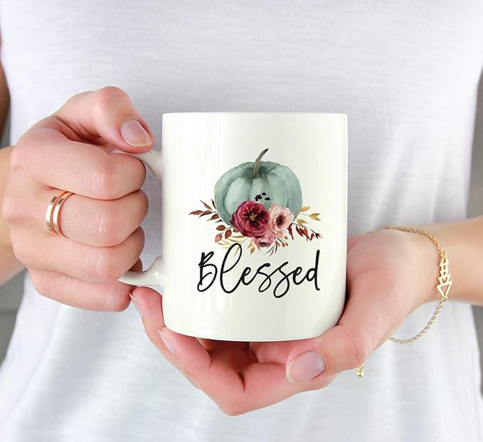 Andaz Press Fall Burgundy Marsala 11oz. Ceramic Coffee Tea Mug, Blessed, 1-Pack, Pumpkin Floral Graphic, Birthday, Friend, Family, Coworker, Autumn Season, Festive Thanksgiving Ideas
