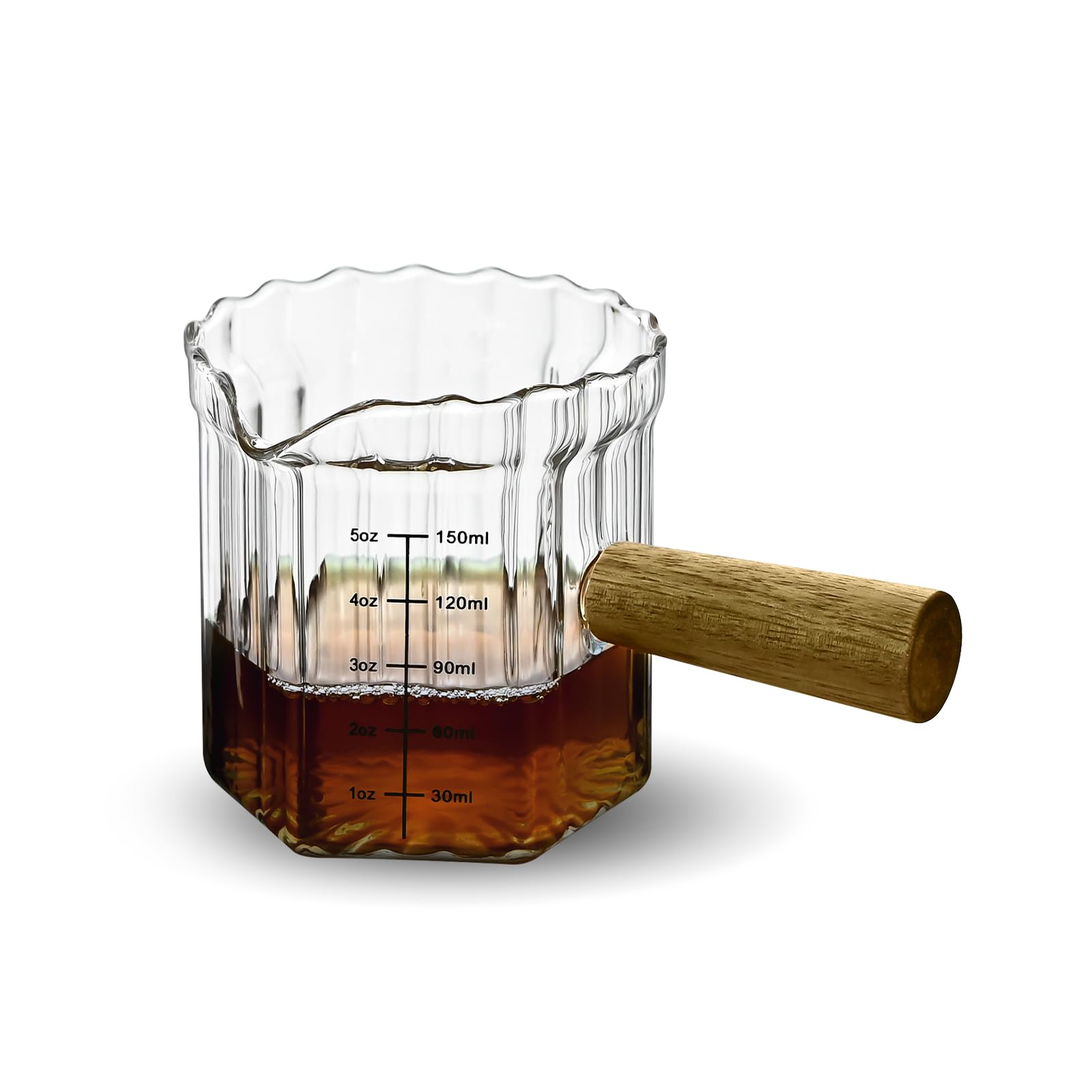 Denovin Glass Measuring Cup, 5oz Espresso Shot Glass with Wood Handle