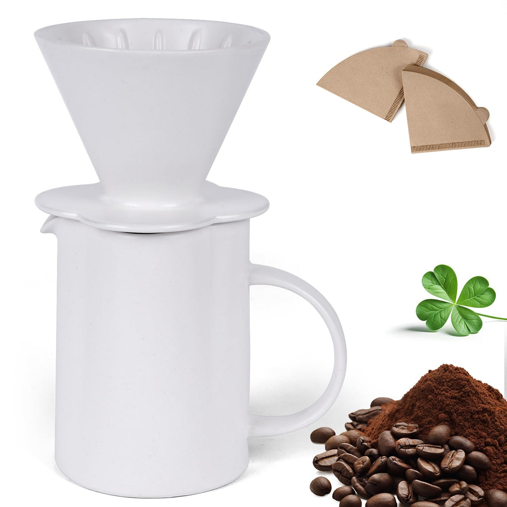 AZYM Pour Over Coffee Maker,V60 Coffee Dripper Set with 20 Count Paper Coffee Filters,Four-Leaf Clover-Shaped Drip Coffee Maker,Vintage Ceramic Carafe for Home Brewing Camping,17.5 oz (White)