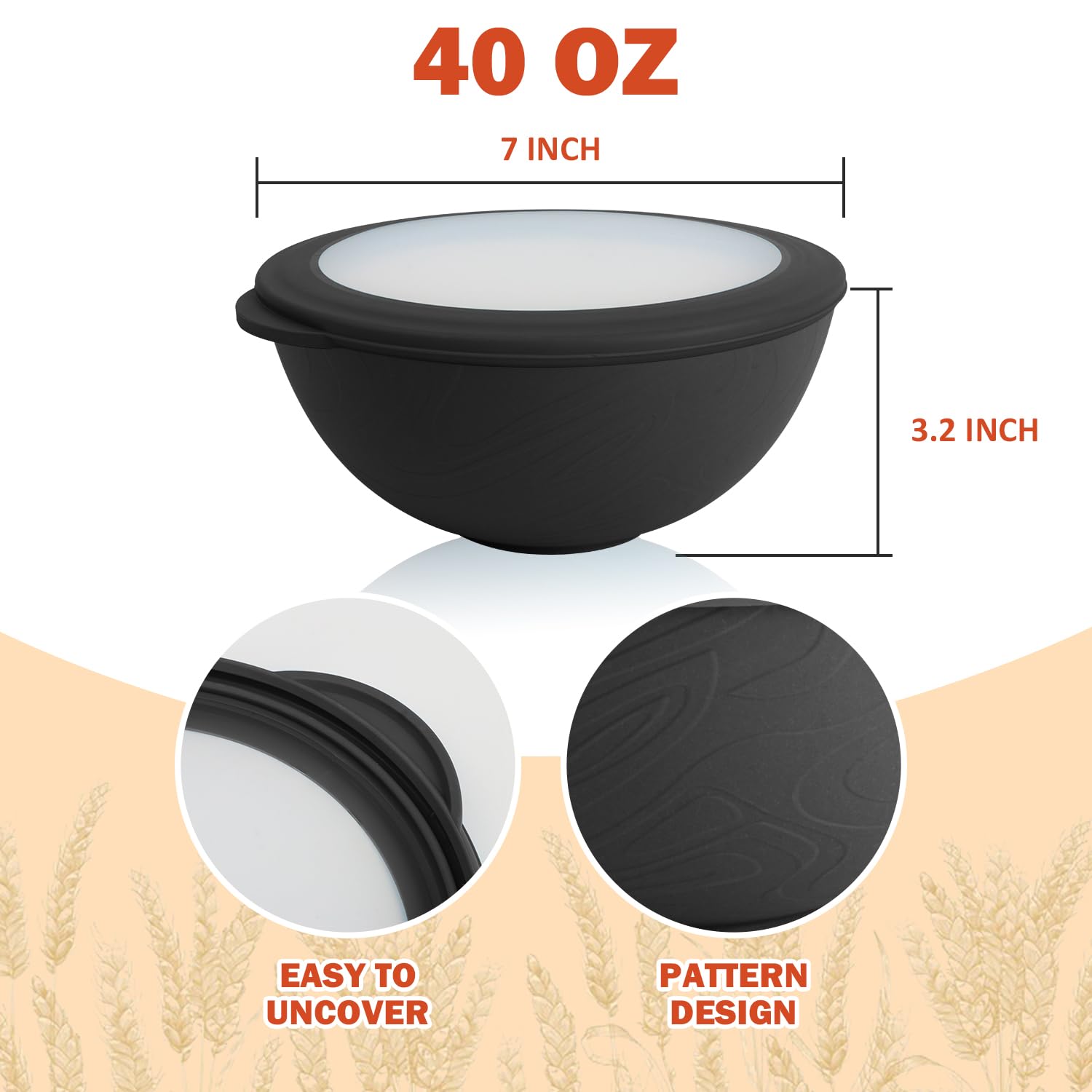 Wrova 40oz wheat straw bowls set of 4,unbreakable ramen bowl set with cover,alternative plastic bowls with cover for kitchen,party,camping and picnic. Black