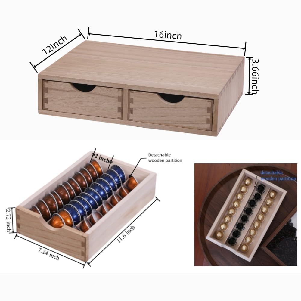 DDYURI Storage Drawer Holder for Capsules Coffee Pod K-cup Organizer /2 Drawers for Counter Organization for Kitchen Utensil Storage Home Decor Office Supplies- Coffee Brewer Accessories Wood 1D2C-LT