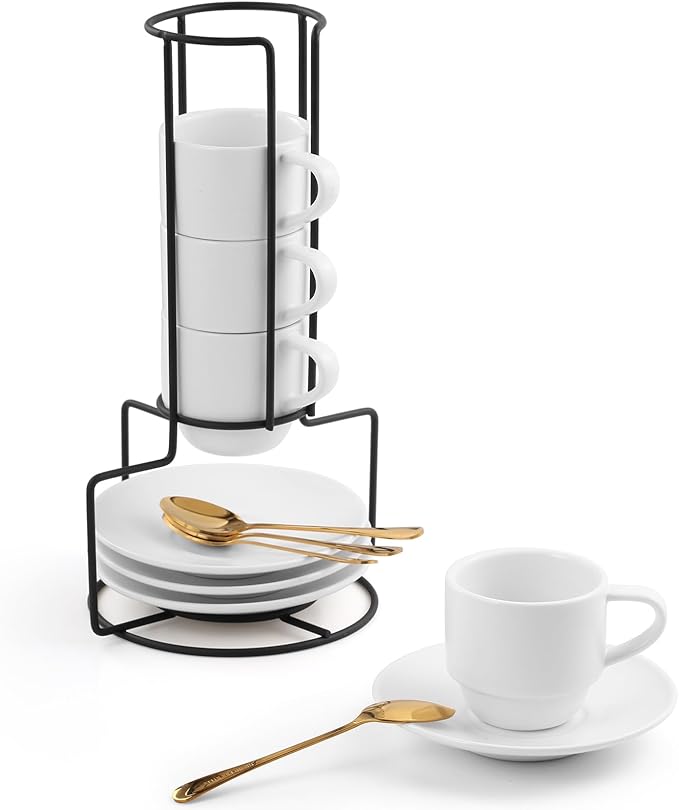 Lareina 3-Ounce Espresso Cups with Saucers, Spoons and Metal Stand, Small Stackable Coffee Cups Set of 4, Ceramic Demitasse Mugs, White
