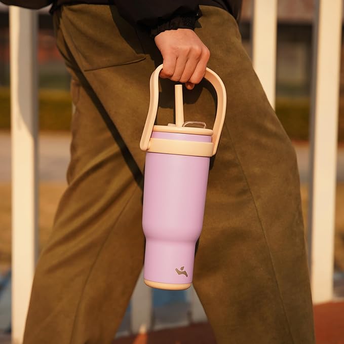 40 oz Tumbler with Side Handle, Insulated Water Bottle with Straw and 2 in 1 Lid, Stainless Steel Cup Travel Coffee Mug for Sports Office Gym,Brown