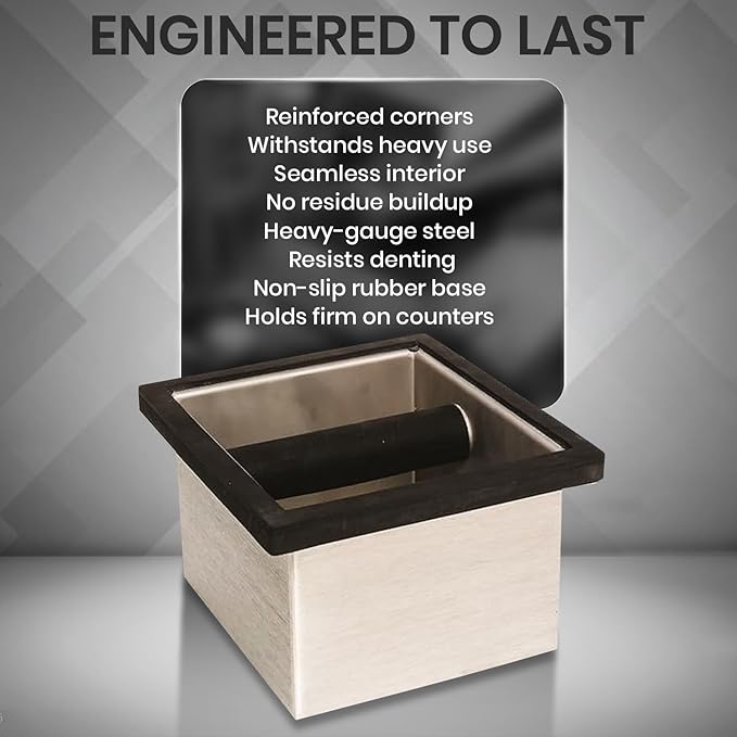 Rattleware Stainless Steel Knock Box 6"x5.5"x4" | Heavy-Duty Espresso Grounds Container with Welded Bar | Durable Rust-Resistant Coffee Knockout Box with Non-Slip Rubber Base for Professional Baristas