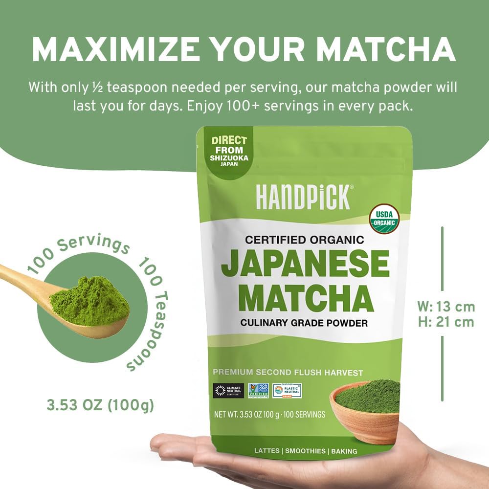 HANDPICK Japanese Organic Matcha Green Tea Powder (100 Servings) - Sourced from Japan | Authentic Premium Harvest | Resealable Ziplock Pouch