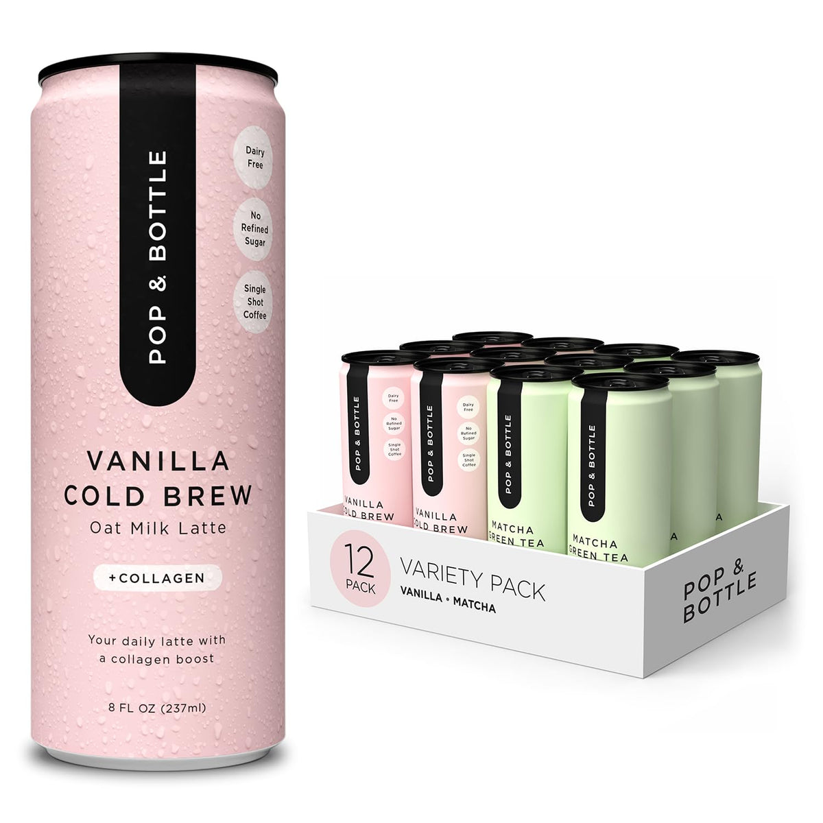Pop & Bottle - Oat Milk Lattes, Cold Brew, Maca - Variety, 8 Fl Oz (6 Pack)