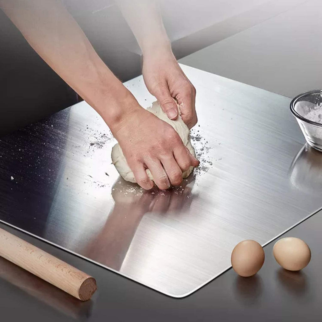 KORVOS Stainless Steel Cutting Board, 15.7" x 11.8" Double-Sided Cutting Boards for Kitchen, Metal Chopping Board with Lip&Non-Slip Mat, Easy to Clean, Suitable for Meat Fruits & Baking
