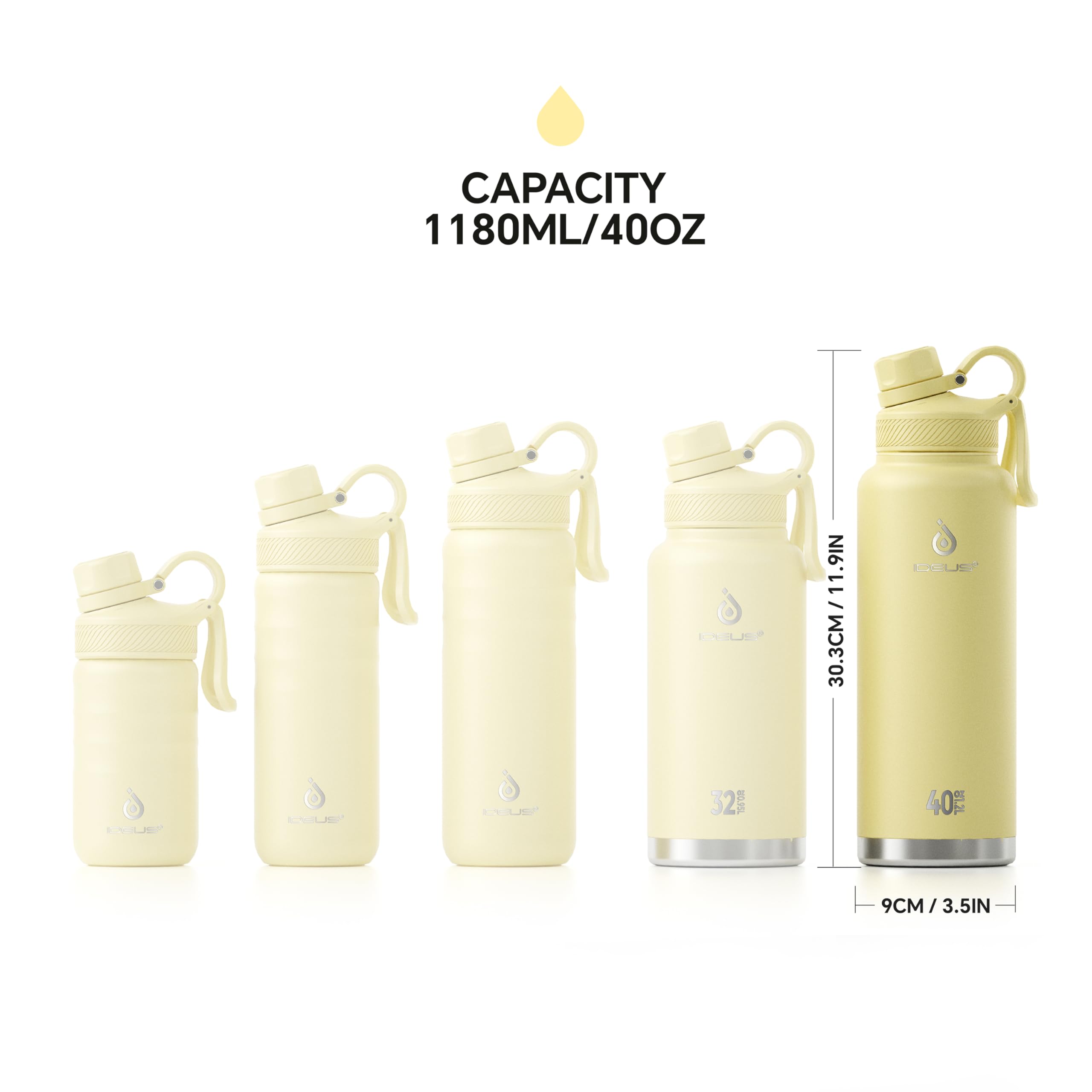 IDEUS 40oz Stainless Insulated Bottle with 2 Leak-Proof Lids, Light Yellow