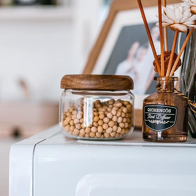 Glass Food Storage Containers With Wooden Lids - Small Coffee Jars - Pantry Organization For Overnight Oats, Cereal, Rice, Candy (10oz(300ml))