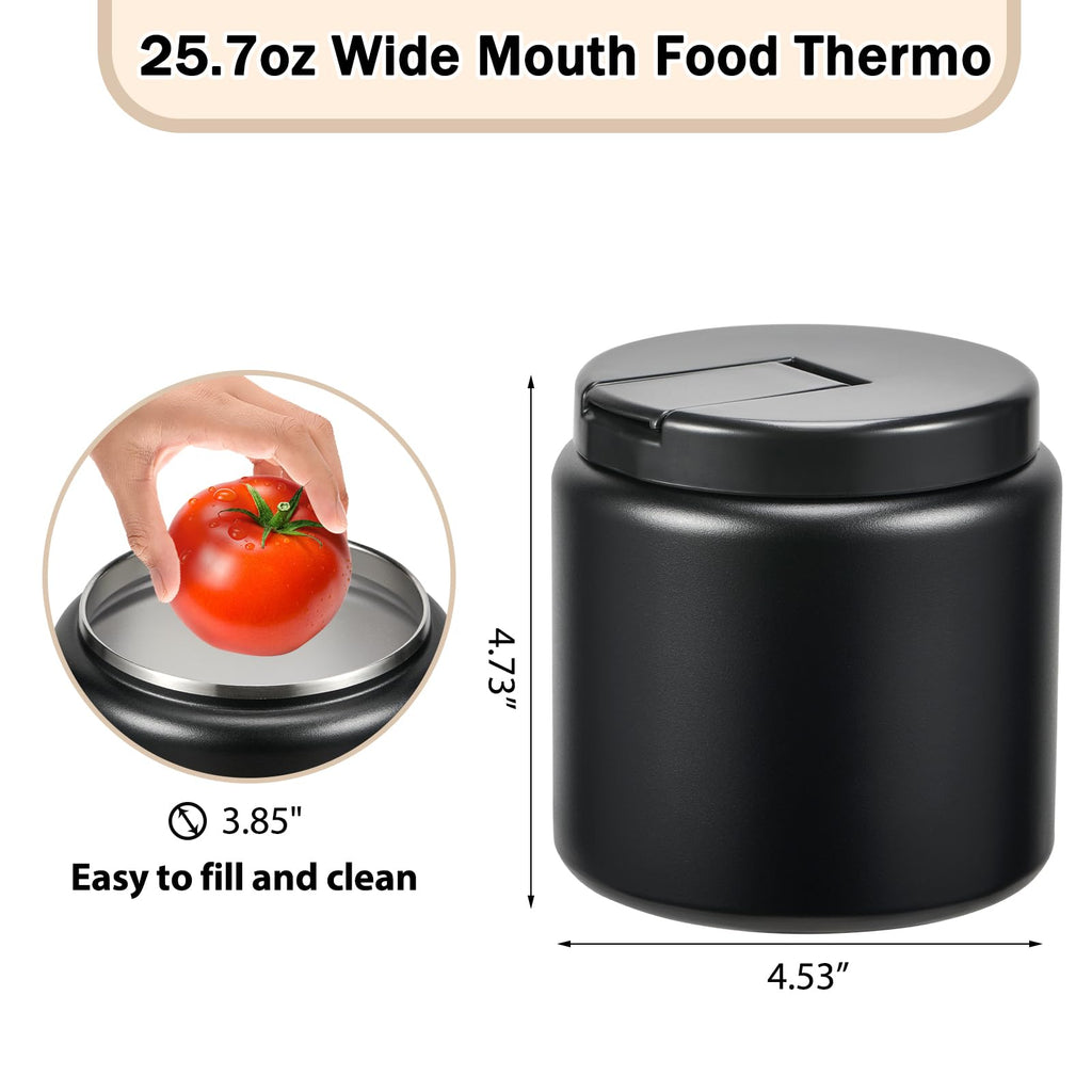 Reeple 26oz Kids Jar for Hot Food, Insulated Vacuum Food Jar with Buckle Lid, Stainless Steel Wide Mouth Leak Proof Insulated Lunch Container for School Picnic Travel, Black