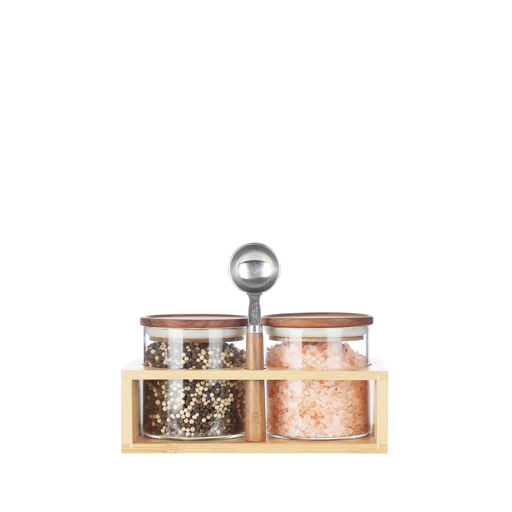 KKC Glass Coffee Containers with Wood Lids - 2 Pack 18oz (550ml) Airtight Espresso Canisters with Holder Stand and 1 TBSP Spoon - Small Coffee Bar Countertop Decor Accessories, Tea Storage Jar Set
