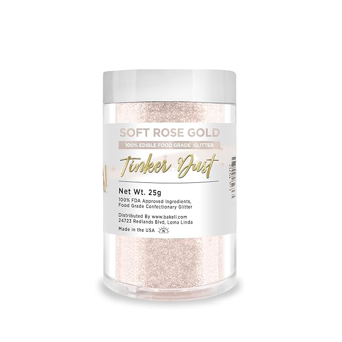 BAKELL Soft Rose Gold Edible Glitter, 25 Grams | TINKER DUST Edible Glitter | KOSHER Certified | 100% Edible Glitter | Cakes, Cupcakes, Cake Pops, Drinks, Dessert Vegan Glitter & Dusts (25g, Soft Rose Gold)