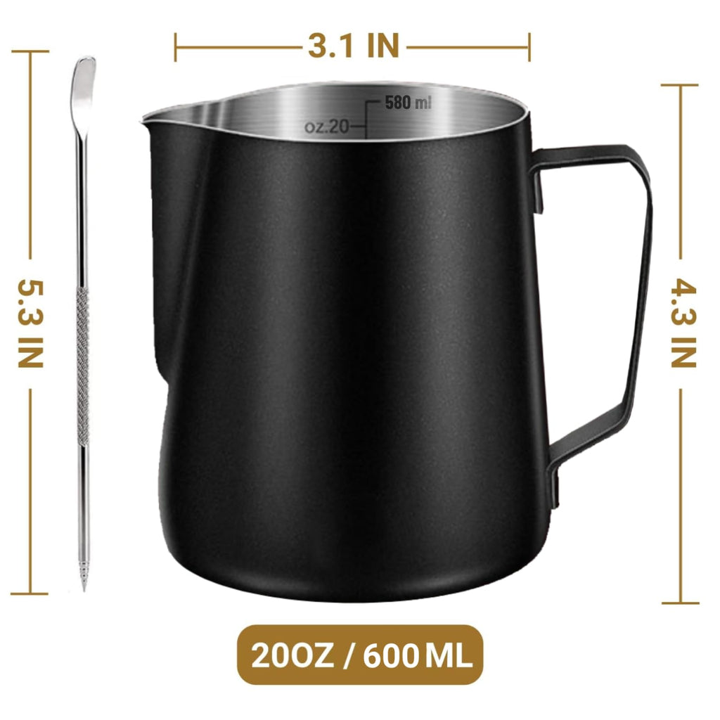Milk Frothing Pitcher, 350ml/600ml (12oz/20oz) Milk Frother Cup Stainless Steel Jug Steaming Pitcher, Milk Coffee Cappuccino Latte Art Barista Steam Pitchers Milk Jug Cup with Decorating Pen